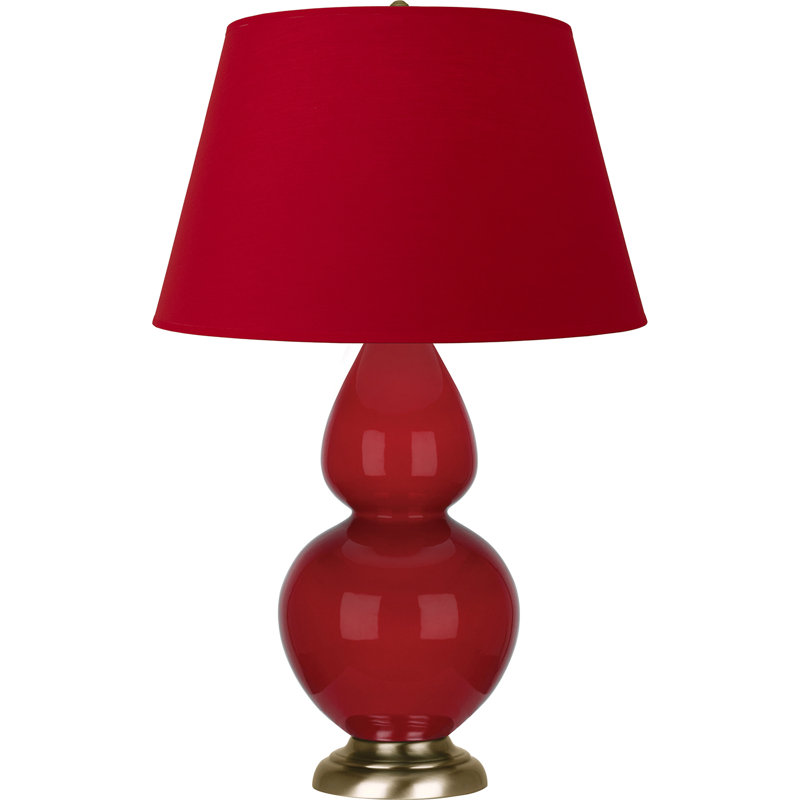 Lampe de table double gourde en céramique, Rouge rubis verni / laiton, Blanc cassé, Laiton