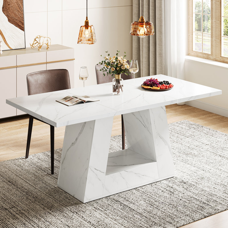 White Faux Marble Rectangular Dining Table with Trapezoidal Base