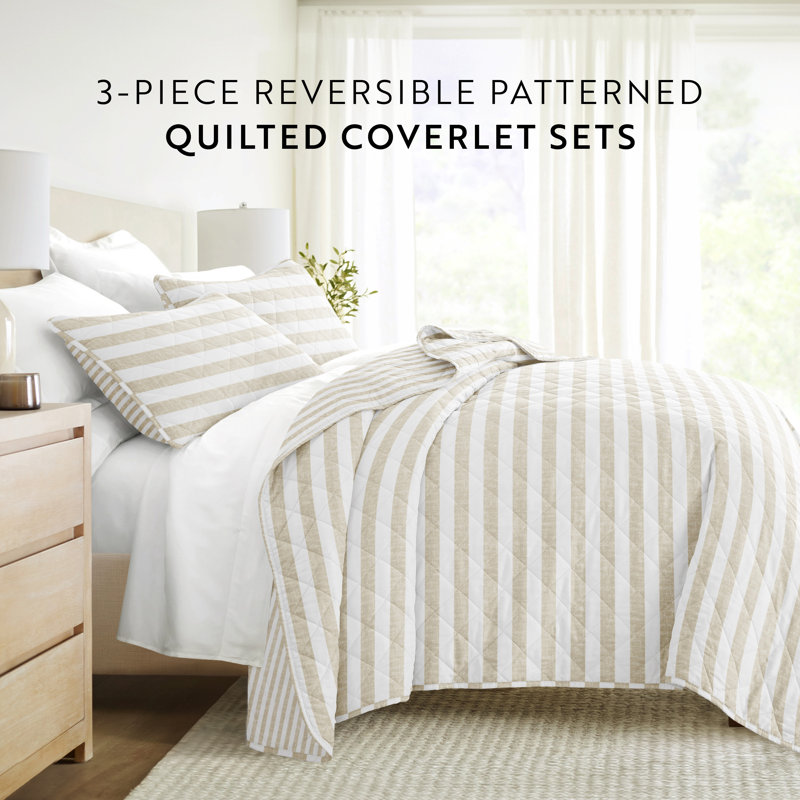 Natural Beige and White Striped Microfiber Full Quilt Set