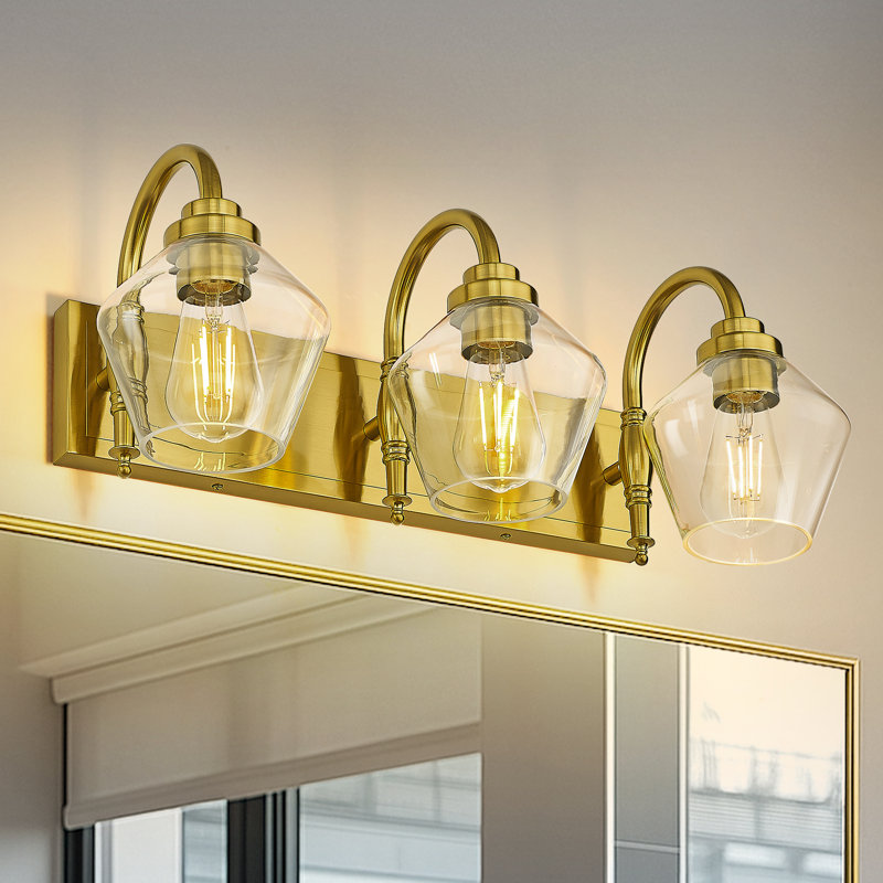 Meuble-lavabo à 3 lumières en verre clair de style campagne clair, or brossé, H 10,6 po x l 23,2 po x P 10,23 po, Or brossé
