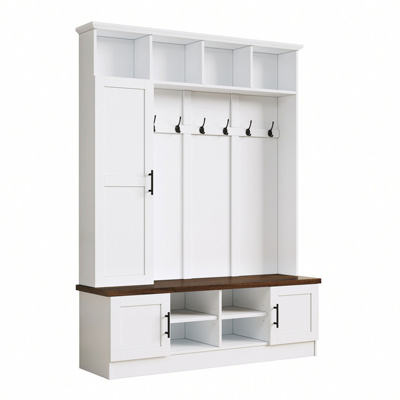 Versatile 3-in-1 Hall Tree with 6 Hooks, Farmhouse Walnut Storage Bench with Adjustable Shelves, 55"W Modern Entryway Coat Rack with Multiple Storage Space for Mudroom, Living Room