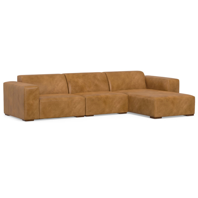 Grand canapé modulaire en L de avec méridienne gauche en cuir véritable Rex, Terre de Sienne, Orienté à droite