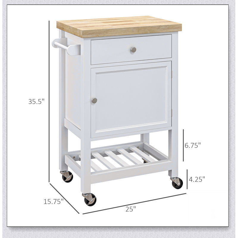 Chariot de cuisine utilitaire, îlot de cuisine roulant avec plateau en bois d'hévéa lisse, surface de bloc de boucher étroite sur roulettes