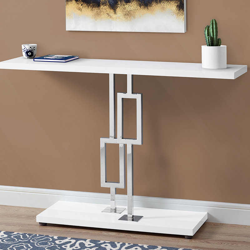 Accent Table, Console, Entryway, Narrow, Sofa, Glossy White Laminate, Chrome Metal