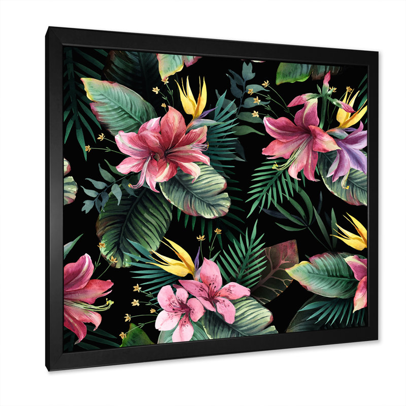 Fleurs tropicales roses sur fond noir - Décoration murale traditionnelle en bois, H 30 po x l 30 po x P 1 po