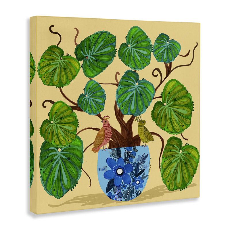 Toile perchée plante et oiseaux en pot, design par Kay Widdowson, H 17 po x l 17 po