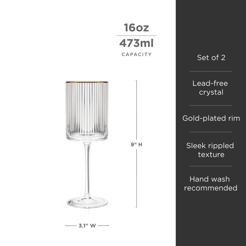 Meridian Ribbed Crystal Wine Glasses with Gold Rim, Set of 2