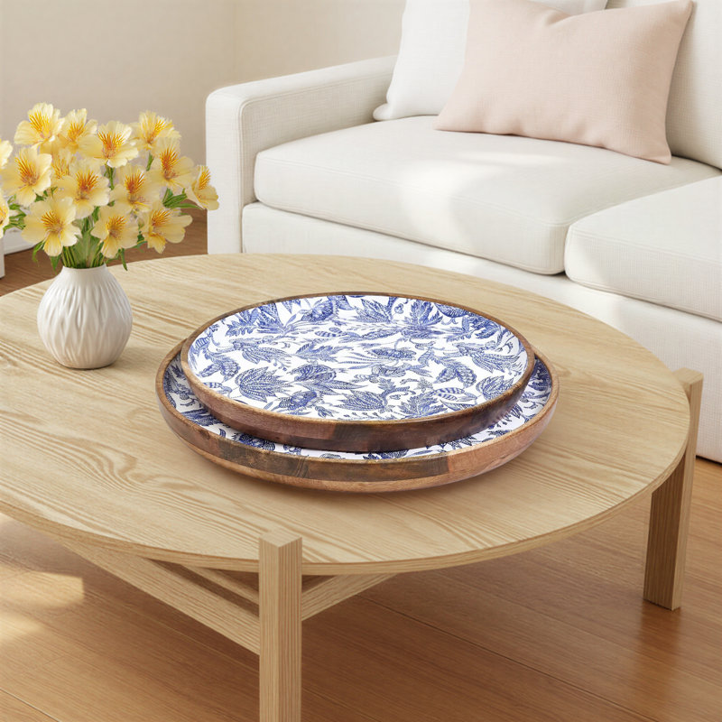 Castellano Hand-Crafted Set Of 2 Wood Round Tray