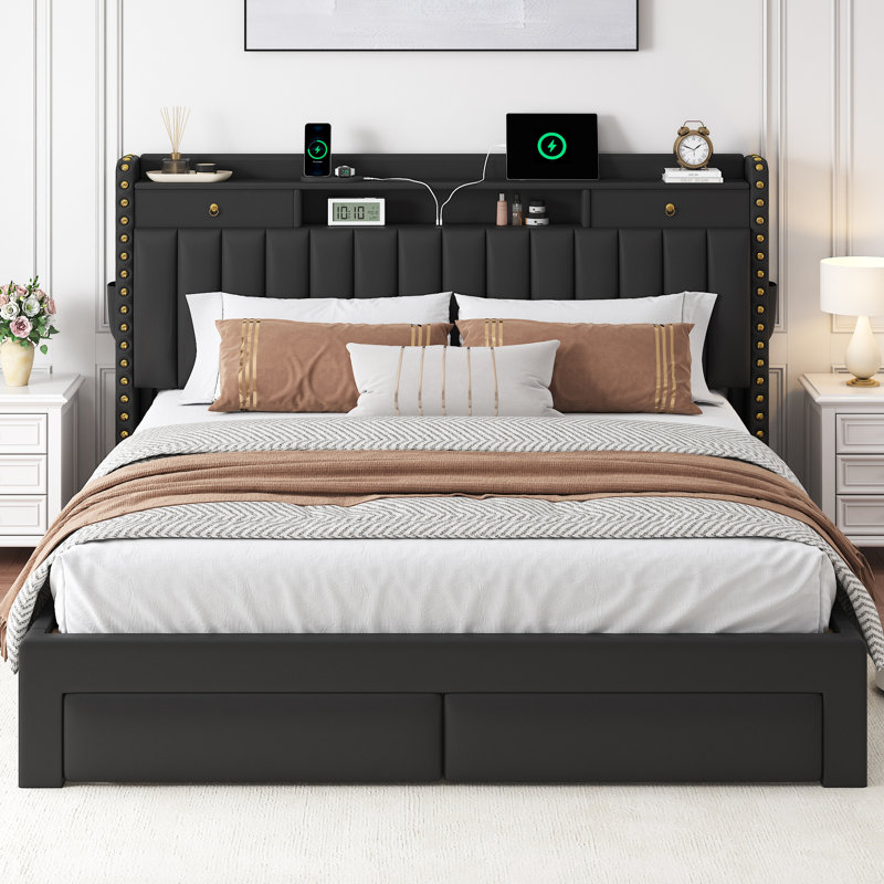 Cadre de lit plateforme rembourré avec 4 tiroirs, ports de chargement USB et de type C, tête de lit avec rangement, sans sommier, montage facile