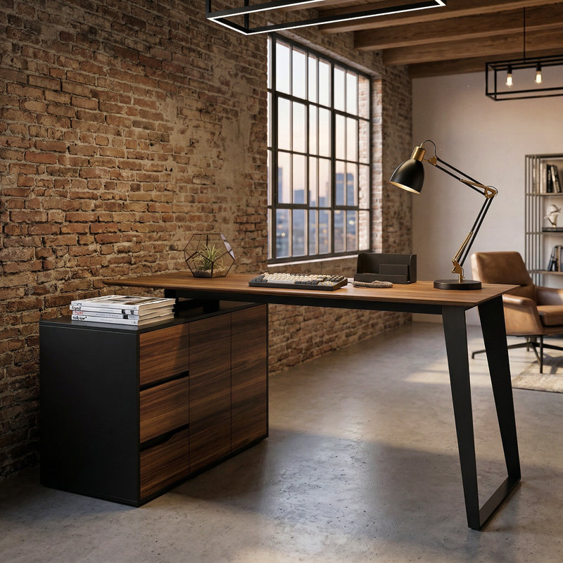 L-Shaped Computer Desk with Storage Cabinet and Drawers, Corner Home Office Desk with Flexible Workspace Design, Black/Brown