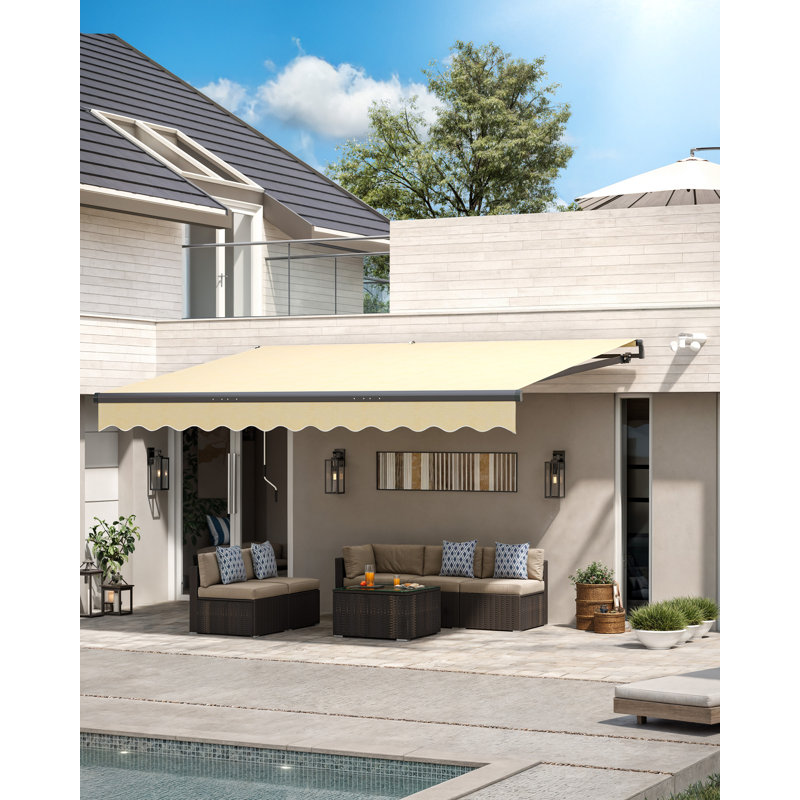 Motorized Retractable Awning with Wind/Sun Sensor, Remote Control and LED Light, 1" H x 168" W x 120" D, Beige, Solid Color