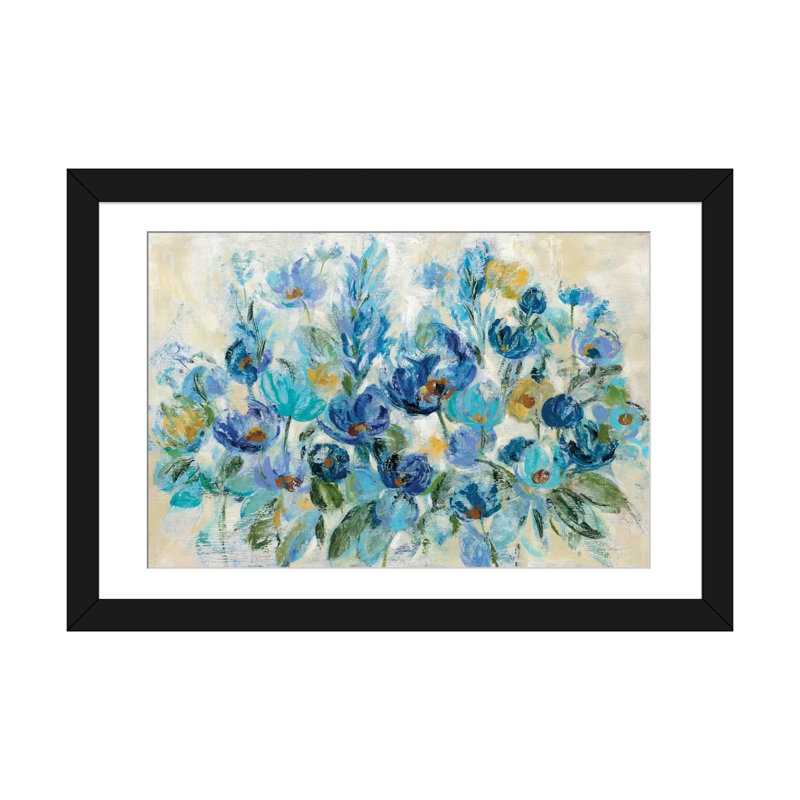 «Scattered Blue Flowers», impression sur toile, H 16 po x l 24 po x P 1 po, Papier d'art encadré noir, Blanc
