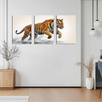 Ensemble de 3 tableaux sur toile représentant un tigre courant dans l'eau