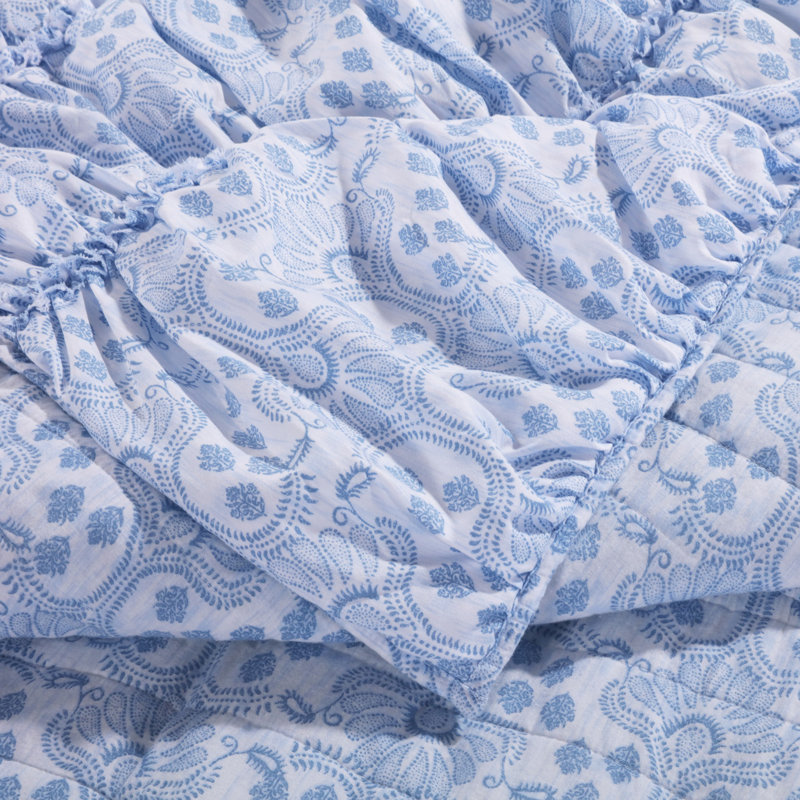 Greenland Home Fashions Helena Ruffle Blue 3-Piece King Size Quilt Set 105x95 + 20x36 (2), King Quilt + 2 Shams