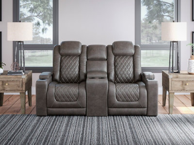 Gray Faux Leather Power Reclining Loveseat with Cup Holder