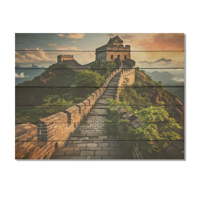 Grande muraille de Chine au coucher du soleil - Chine sur bois, H 10 po x l 20 po
