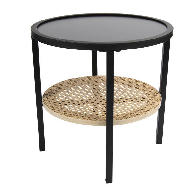 Table d'appoint ronde en métal avec plateau de style plateau et tablette de rangement en bambou tissée à la main
