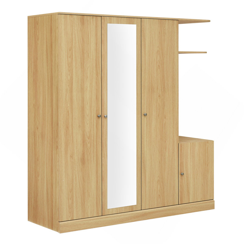Armoire 4 portes avec tablettes, tiroirs et miroir pleine grandeur , Naturel