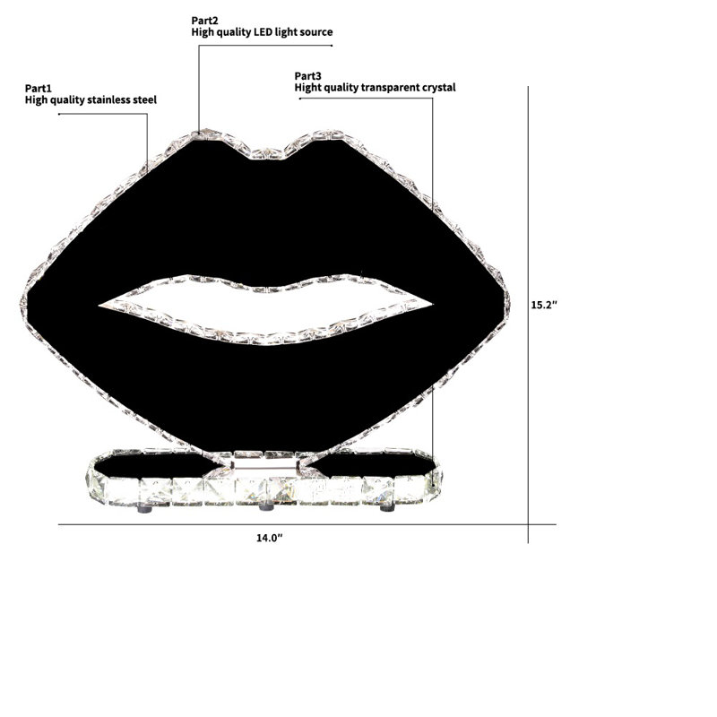 House of Hampton® Inc Crystal 19.3" Lips Sign With Two Colors Led Table Decor