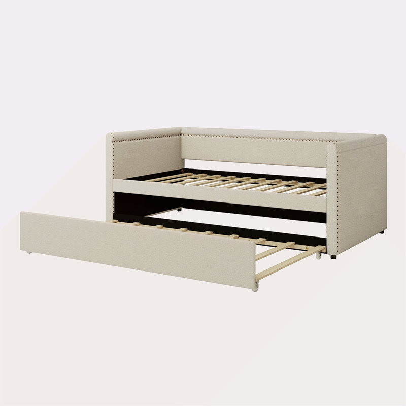 Lit de jour rembourré de style moderne avec lit gigogne pour chambre d'amis, petite chambre et salle d'étude, Beige