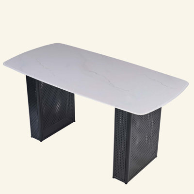 Modern Rectangular Tempered Glass Dining Table, Marble-Patterned Design with Dual-Pedestal Metal Base, Ideal for Dining Room & Home Office