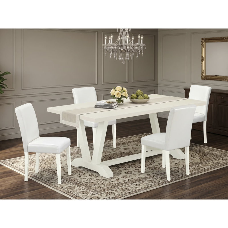 Cet ensemble de salle à manger 9 pièces comprend une table de salle à manger en lin blanc et 8 chaises de salle à manger en similicuir blanc avec dossier haut - Lin brossé blanc.