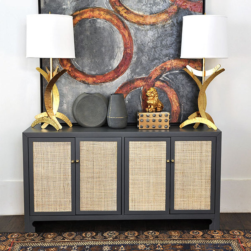 Sofia 58'' Gray Lacquer Pine Wood & Cane Sideboard with Adjustable Shelving