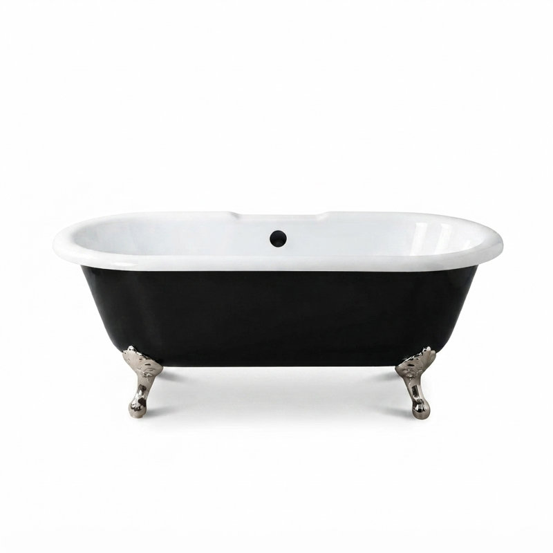 The Arcadia Black and White 66 in. Double Ended Clawfoot Acrylic Tub without Faucet Holes by Strom Living, Polished Nickel