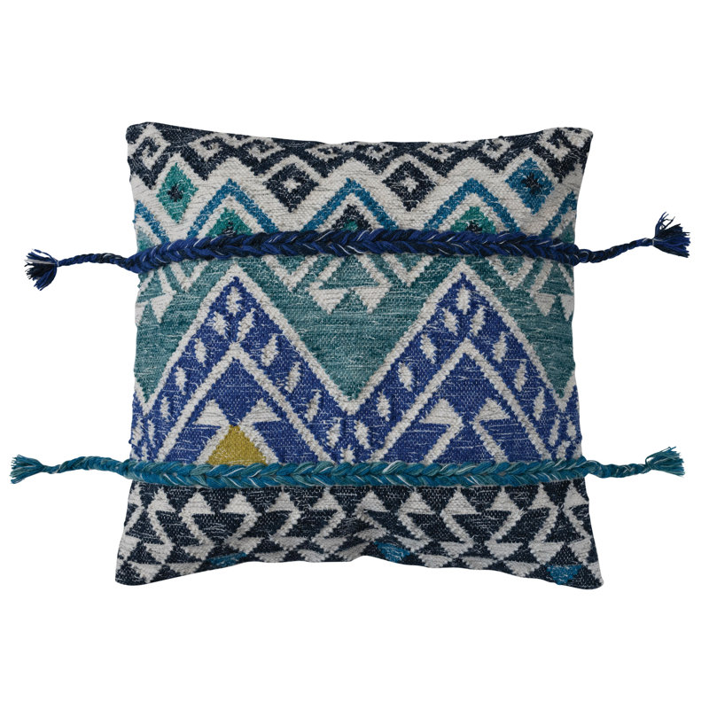 Multicolor Square Embroidered Ikat Wool and Cotton Pillow