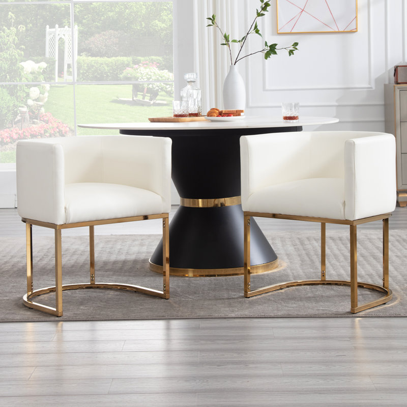 Upholstered Faux Leather Dining Chairs Modern Arm Chairs, Cream, 2