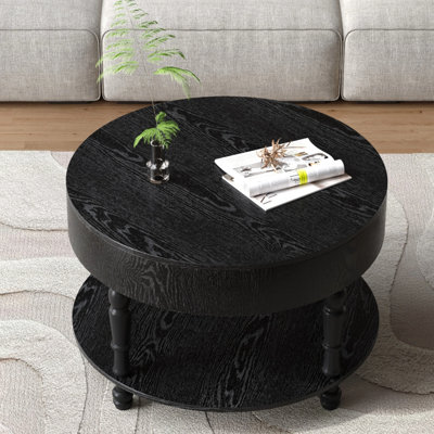 Table basse ronde en bois massif de 17,27 po de hauteur, 31,5 po, moderne Mid-Century, noir, rangement ouvert, support, diamètre américain à assemblage rapide, tablette de rangement à 2 niveaux, pieds, garniture décorative perlée