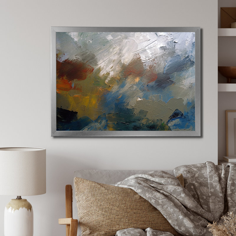 «Feeling Autumn Abstract» - rouge, orange, bleu, H 30 po x l 40 po x P 1,5 po, Cadre simple argenté