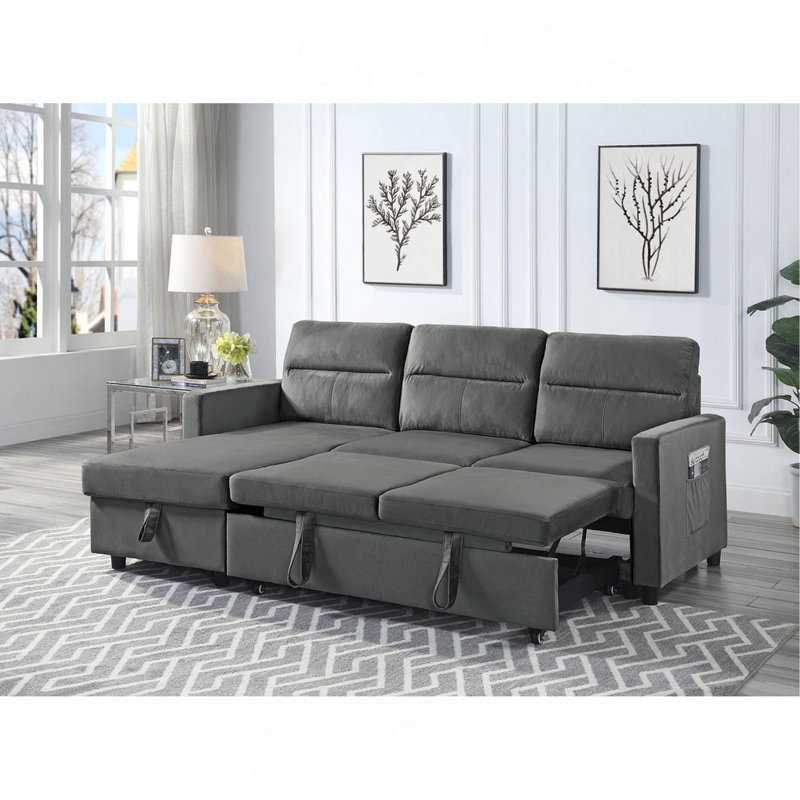 Canapé-lit modulaire réversible en velours gris foncé de 81,5 po avec méridienne de rangement et poche latérale Ivy