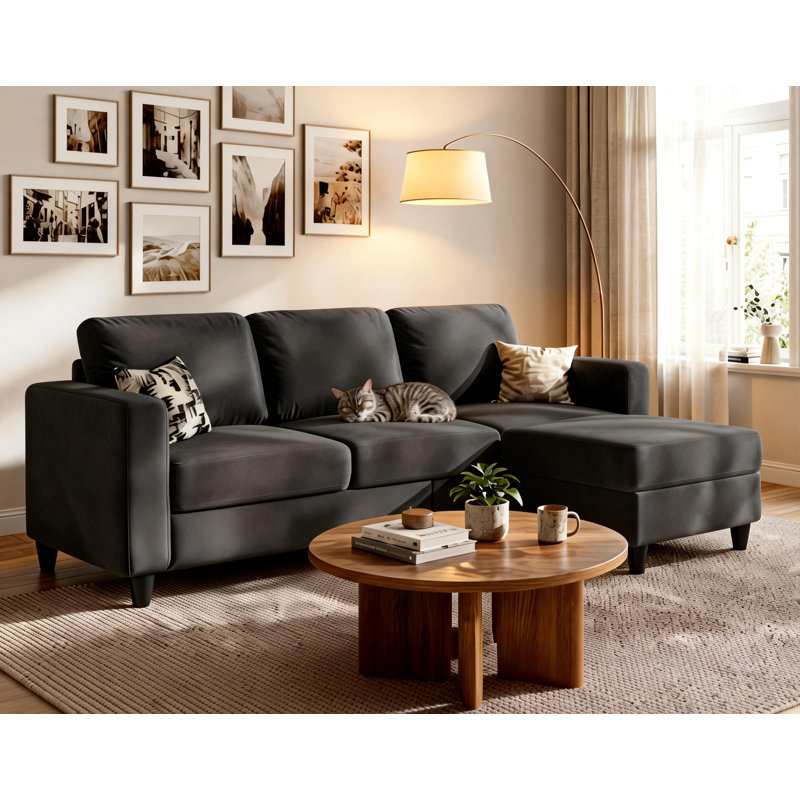 73" Upholstered Sectional Sofa With Ottoman, 8" Extra Thick High-Density Cushions, Gray Linen