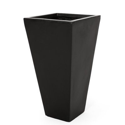 13" Modern Cast Stone Outdoor Planter, Black - Tapered, Exquisite Design, 12.73" X 25.43 Planter Exterior, L W 25.43" H