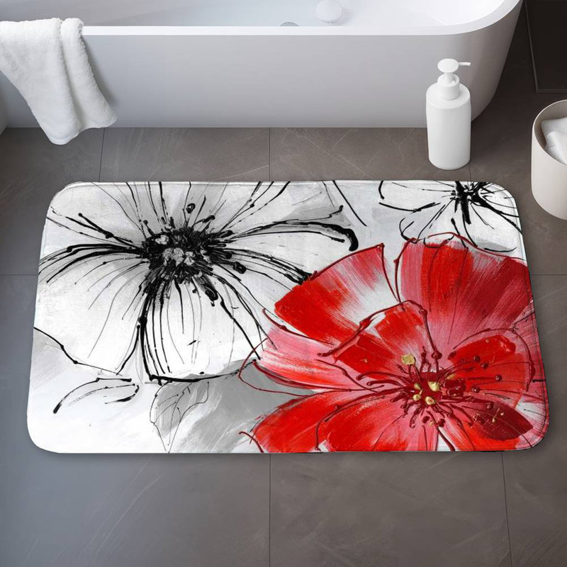 Red & white flowers sketch Bath Mat with Non-Slip Backing - Quick Dry Memory Foam Bathroom Rug - Absorbent - Modern Plush Spa-Style - Machine Washable