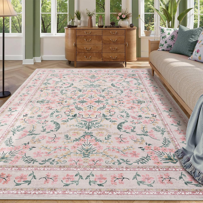Washable Area Rug, Boho Floral Soft Rugs for Living Room, Non Slip Low Pile Carpet for Bedroom, Dining Room, Nursery, Hallway, Pink