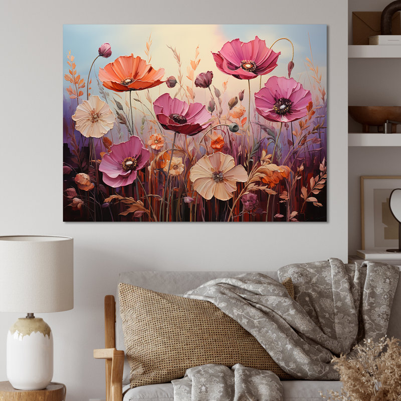 «Pink Crimson Flower Meadow Field» sur toile, Toile tendue, H 24 po x l 32 po x P 1,5 po