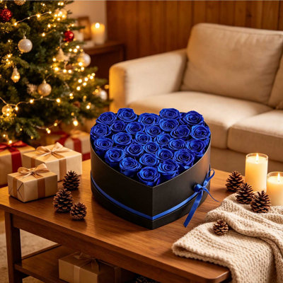 27 pièces de roses bleues conservées dans une boîte-cadeau en forme de cœur, des fleurs de roses éternelles et durables, sans entretien, cadeau romantique pour l'anniversaire de la Saint-Valentin