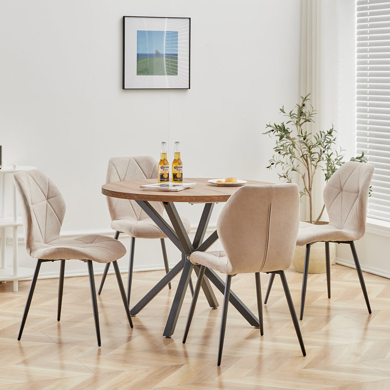 Modern Simple Round Solid Wood Dining Table Set - Set Of 4 Diamond Pattern Velvet Dining Chairs - Metal Legs - For Living Room/Bedroom