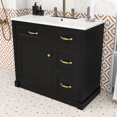 Meuble-lavabo autoportant avec lavabo en céramique, 4 tiroirs, tablette réglable et porte à fermeture en douceur