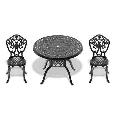 Mobilier de salle à manger d'extérieur en fonte toutes saisons, 3 pièces, noir, aspect élégant, finition, 2 places, 3 chaises de patio, motifs traditionnels, matériaux, résistance aux intempéries