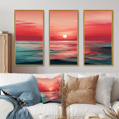 Red And Blue Crimson Horizon Harmony - Abstract Impressionism Canvas Wall Art Set