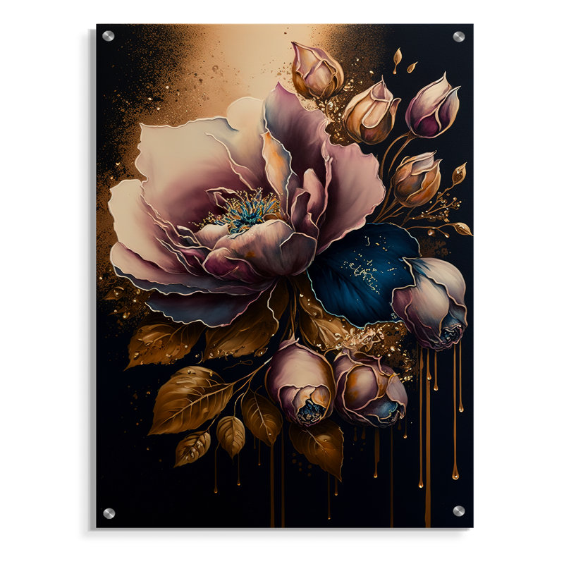 Décadent roses et bleues roses II - Art mural acrylique rose moderne, H 20 po x l 12 po