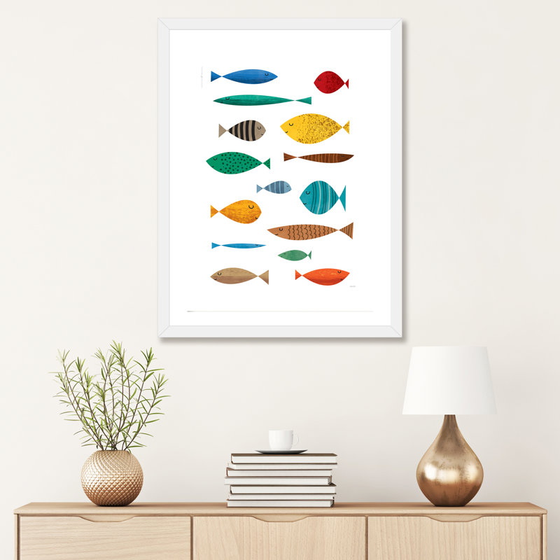 Poisson - imprimé, Papier encadré blanc, Blanc, H 32 po x l 24 po x P 1 po