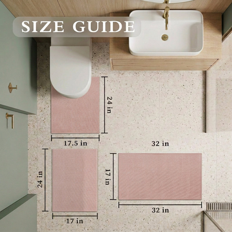 3 Piece Textured Linen-Look Bath Rug Set with Non-Slip Backing, Pink