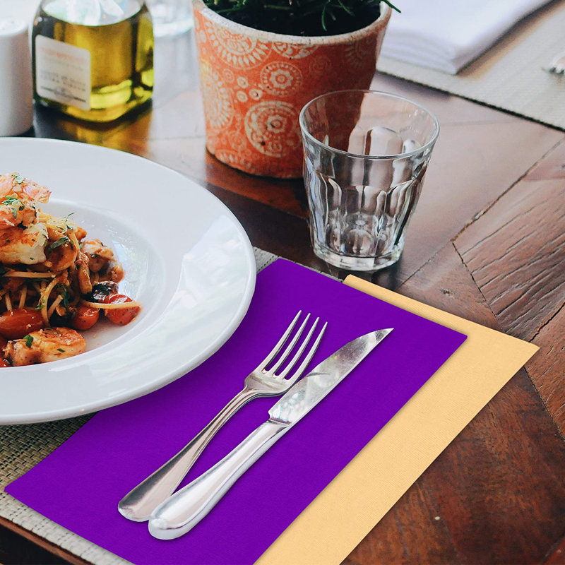 Ivory Gold & Purple Cotton Square Dinner Napkins, 18x18, 12-Pack