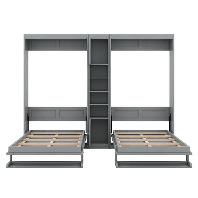 Lit escamotable double 2 en 1 avec armoires et tablettes, lit escamotable mural en bois, lit plateforme pliable, Gris