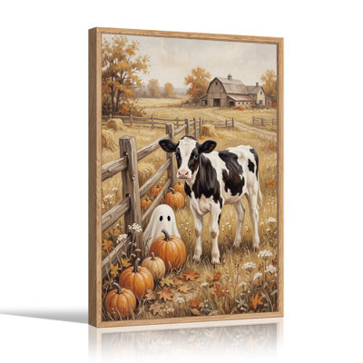 Vache noire et blanche dans un champ d'automne avec citrouilles, art mural d'Halloween