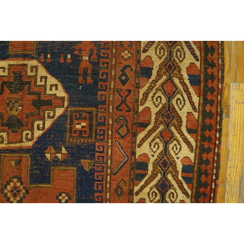 Blue Ground Tribal Geometric Figural Pattern Antique Caucasian Kazak Rug